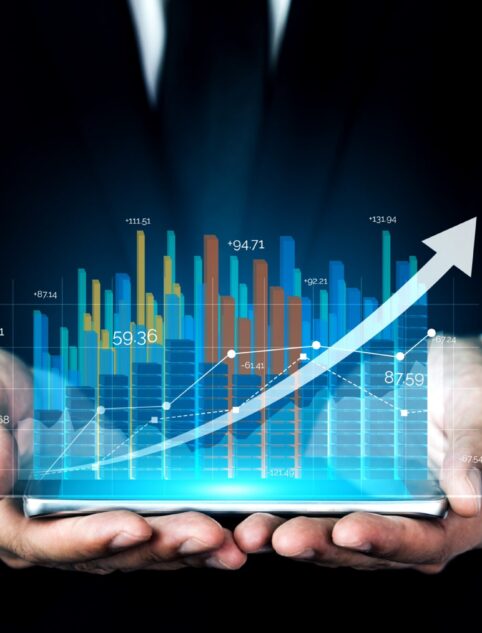 Double Exposure Image of Business and Finance - Businessman with report chart up forward to financial profit growth of stock market investment.